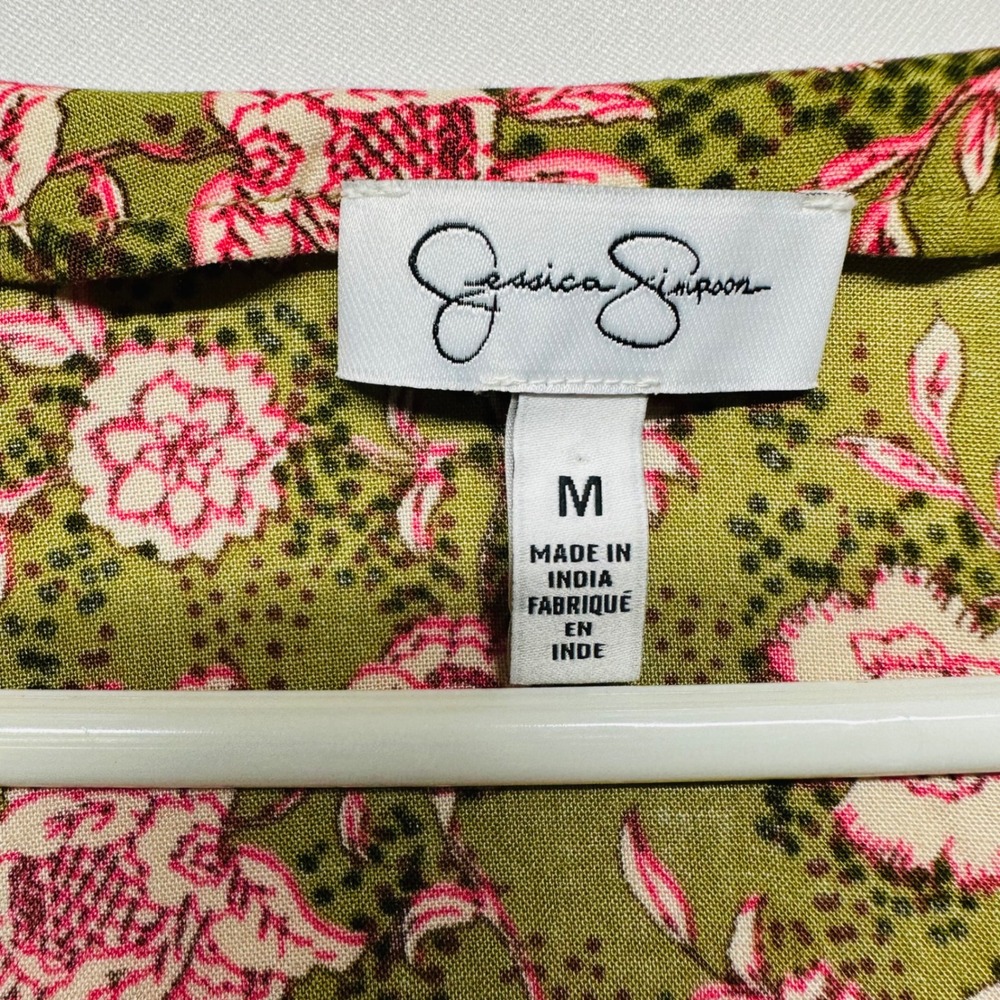 Jessica Simpson Kimono Sleeves Green Pink Chintz‎ Print Pleated Swing Top Medium - Picture 4 of 7